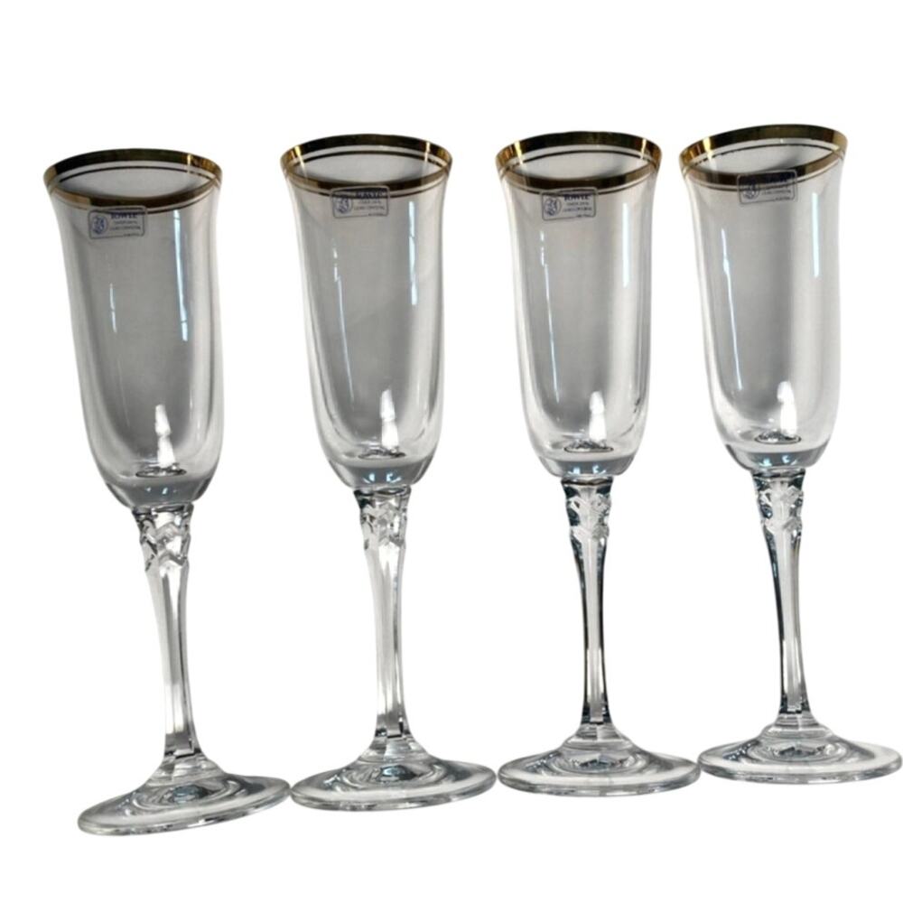 Towle Lead Crystal Tudor Gold Rimmed Champagne Flute Glasses 4 New Open Box